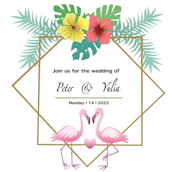 Colorful romantic tropical wedding invitation card. vector