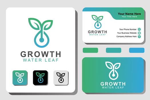 modern growth plant logo. line water drop with leaf logo design with business card template vector