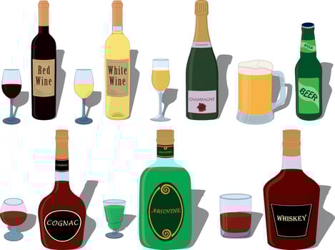 Alcohol drinks, bottle and special glasses pairs collection vector illustration