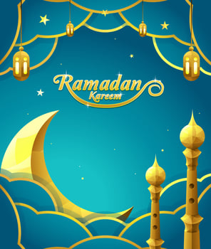 Ramadan Kareem Poster with Crescent Moon Decoration, lantern, mosque tower and cloud vector