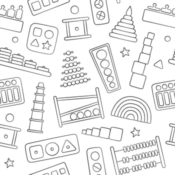Children wooden toys for Montessori games. Hand drawn baby seamless pattern. Logic toys for preschool kids. Montessori system for early childhood development. Vector illustrations on white background