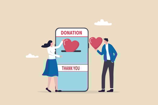Charity donation, donate online with care to help and support people, giving money or volunteer, mobile social app to help other people concept, man and woman put heart shape into mobile donation app. vector
