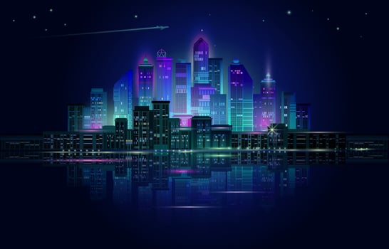 Night City Panorama with Neon Glow on Dark Background. Vector. vector