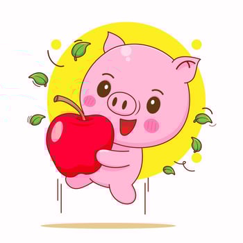 cute pig jumping with an apple character cartoon illustration vector