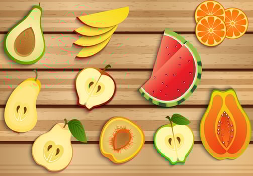 Fresh fruits on a brown wooden background.Vector vector
