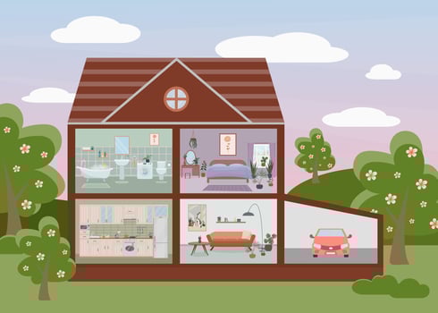 House cut. Detailed home interior with furniture. Kitchen, living room, bedroom. vector