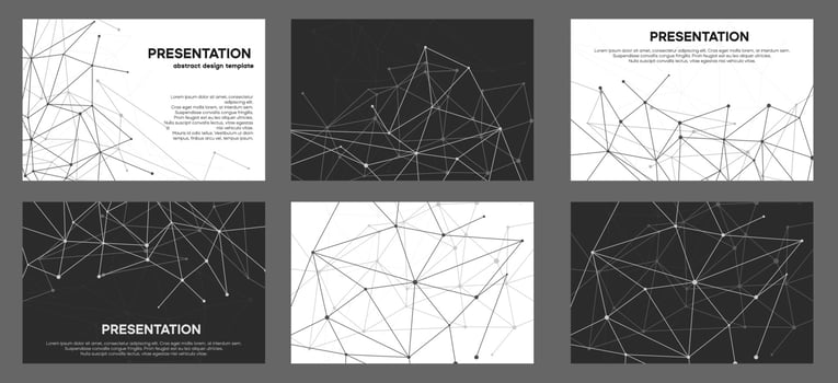 Black and white marketing material backgrounds. Circles and dots connection slides vector