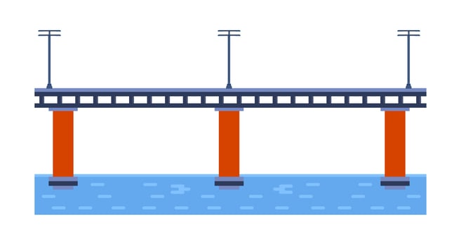 Bridge vector illustration. City architecture element with cables, freeway and bridge-construction across the river with carriageway isolated and lanterns on colourful landscape
