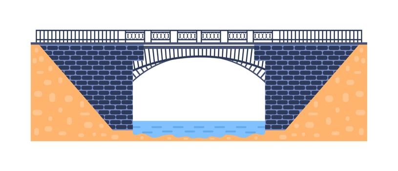 Stone bridge vector. City architecture element and bridge-construction across the river with carriageway isolated and lanterns on colourful landscape vector