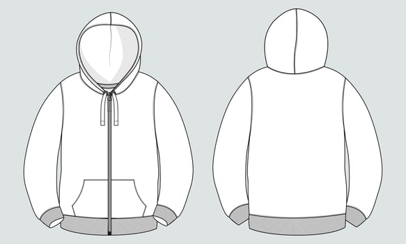 Long sleeve hoodie with Zipper technical fashion Drawing sketch template front and back view. apparel dress design vector illustration mock up jacket CAD. Easy edit and customizable.