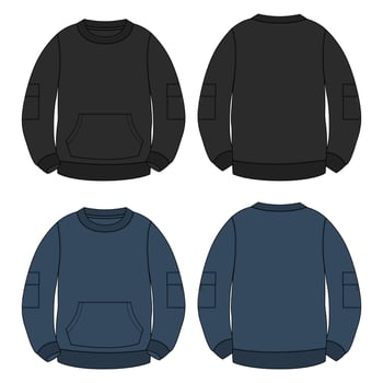 Long sleeve Sweatshirt With pocket technical fashion Flat Sketch vector Illustration drawing template For men's. Apparel dress design Sweater Black, Navy blue color mockup CAD.