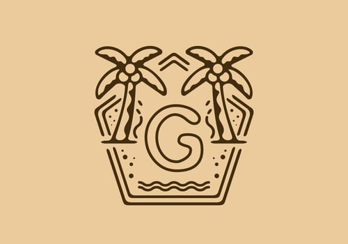 Bright and dark brown color of G initial name in beach theme frame vector