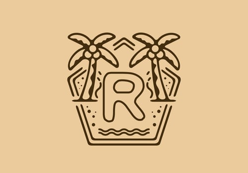Bright and dark brown color of R initial name in beach theme frame vector