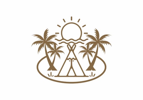Brown color line art of camping text and coconut tree vector