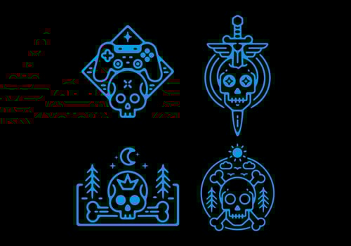 Bright blue of skull line art badge illustration in dark background vector