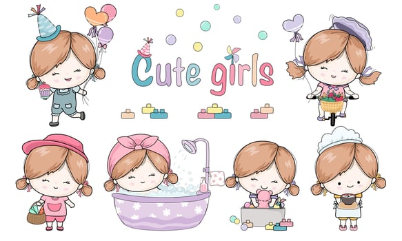 cute girl activities Designed in sweet tones Doodle style vector