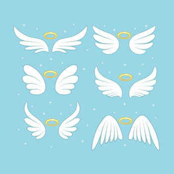 Sparkle angel fairy wings with gold nimbus, halo isolated on background. Vector cartoon design.