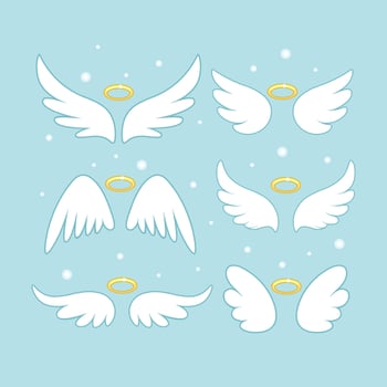 Sparkle angel fairy wings with gold nimbus, halo isolated on background. Vector cartoon design.