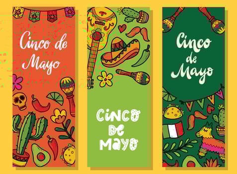 set of banners for cinco de mayo decorated with lettering quotes and doodles. Good for cards, book marks, posters, prints, invitations, etc. EPS 10 vector