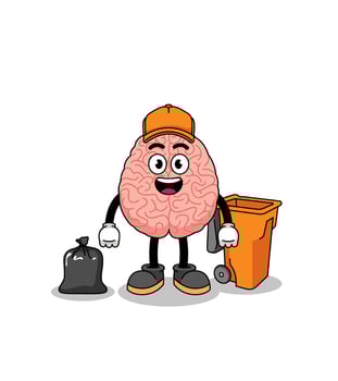 Illustration of brain cartoon as a garbage collector vector