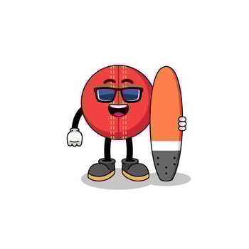 Mascot cartoon of cricket ball as a surfer vector