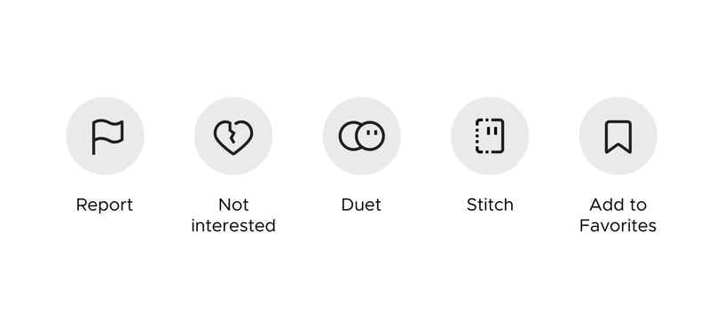 Menu Icon of Social Media. Report, Not Interested, Duet, Stitch, and Add to Favorites vector