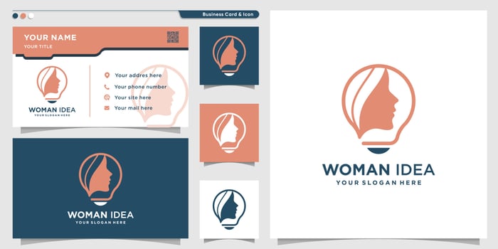 Woman logo with creative idea style and business card design template, woman,idea, line art, Premium Vector