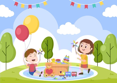 Cute Children Playing with Various Toy at Kindergarten in Flat Cartoon Style Illustration. Interior of Playroom for fun and Gaming vector