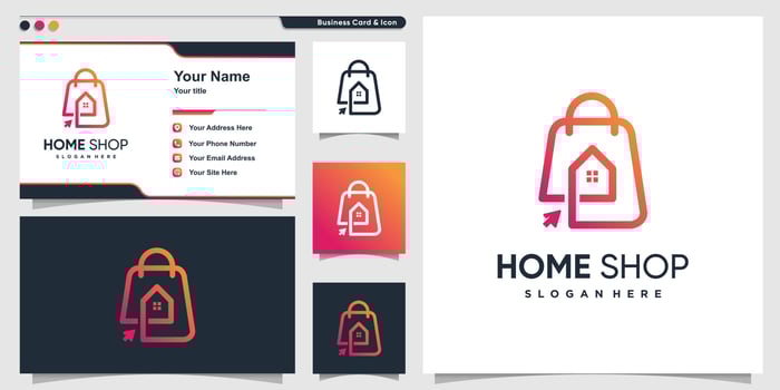 Home logo with bag and arrow style and business card design template Premium Vector