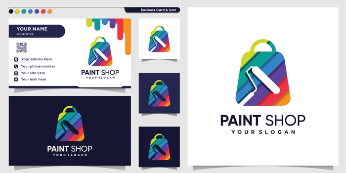 Paint shop logo with modern color bag style and business card design template Premium Vector