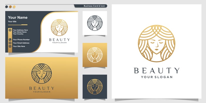Woman logo with golden beauty maskot style and business card design template Premium Vector