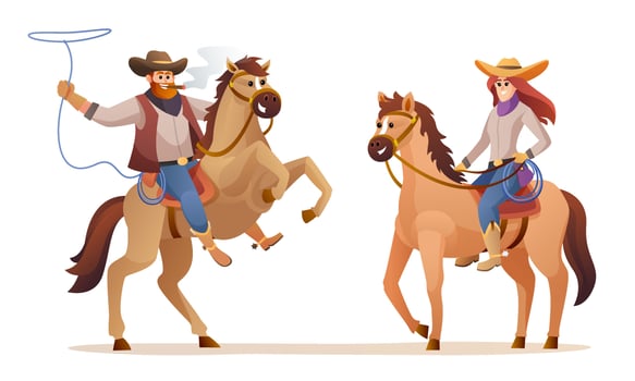 Cowboy and cowgirl riding horse characters. Wildlife western concept illustration vector