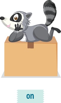 English prepositions, raccoons lie down on the boxes vector