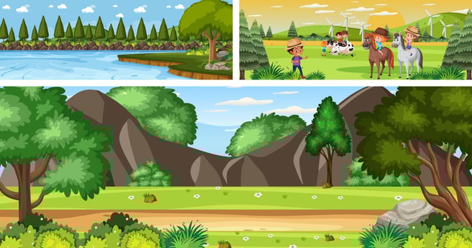 Set of different outdoor landscape scenes with cartoon character vector
