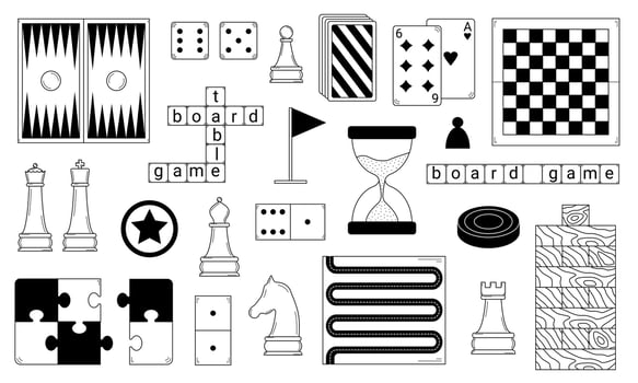 Hand drawn set of board games and items used in games. Educational games, hobbies. Doodle scetch. Vector illustration
