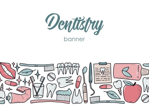 Stomatology banner decorated with horizontal border of hand drawn dentistry doodles with copy space. Good for posters, prints, cards, templates. EPS 10 vector