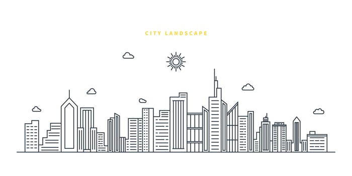 Cityscape. Modern flat line landscape vector. City landscape line art illustration with building, tower, skyscrapers. Vector illustration.
