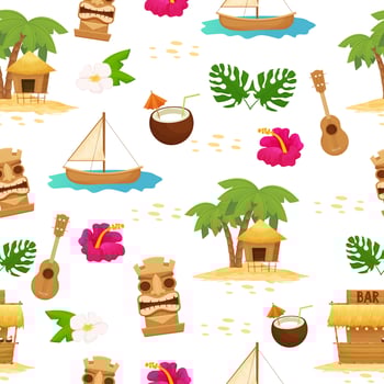 Bright summer Hawaiian seamless pattern. Exotic, holiday elements, vacation objects. Editable fabric, trendy. Tiki mask and torch, palm and exotic flower. Vector illustration
