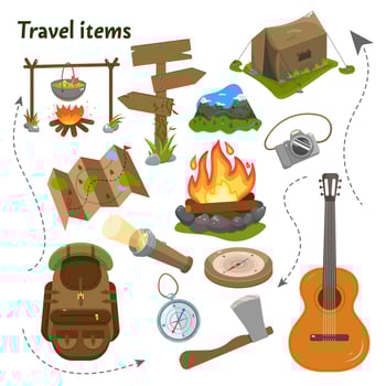 Vector set of items for tourism. Let's go to the campsite. Drawn elements.