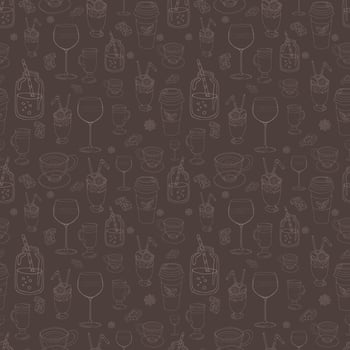 Seamless background for a coffee shop with cups and glasses in the contour vector