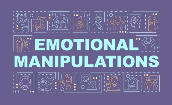 Psychological manipulations word concepts dark purple banner. Emotional harm. Infographics with icons on color background. Isolated typography. Vector illustration with text. Arial-Black font used