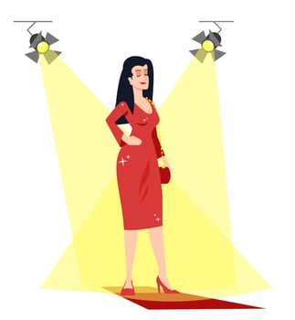 Famous actress under spotlights semi flat RGB color vector illustration. Mass media occupation. Woman in luxury red dress isolated cartoon character on white background