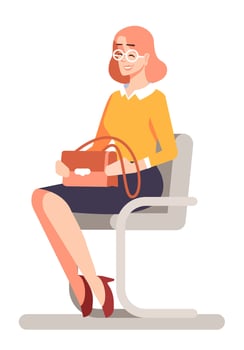 Candidate interview semi flat RGB color vector illustration. Intelligent young woman in glasses wearing corporate clothing isolated cartoon character on white background