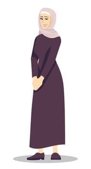 Beautiful lady in scarf and long dress semi flat RGB color vector illustration. Smiling modest woman wearing hijab isolated cartoon character on white background