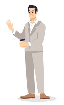 Taking break at work semi flat RGB color vector illustration. Businessman holding coffee cup and waving hand isolated cartoon character on white background