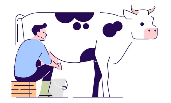 Daily routine semi flat RGB color vector illustration. Male dairy farmer milking cow isolated cartoon character on white background