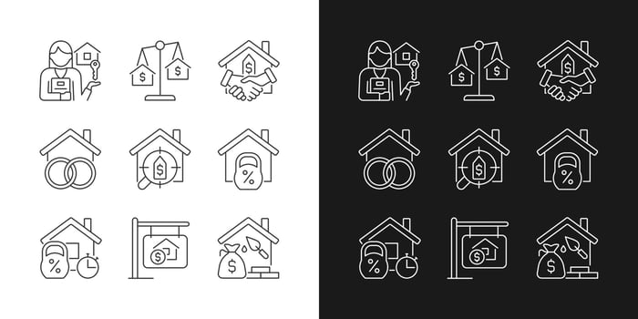 Real estate linear icons set for dark, light mode. Home and construction mortgage. Property purchasing. Asset insurance. Thin line symbols for night, day theme. Isolated illustrations. Editable stroke vector