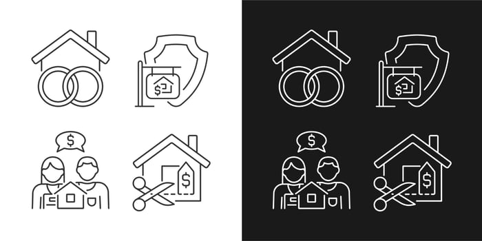 Property purchasing legal features linear icons set for dark, light mode. Community realty. House price negotiation. Thin line symbols for night, day theme. Isolated illustrations. Editable stroke vector