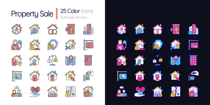 Property sale light and dark theme color icons set. Real estate market. House purchase. Simple filled line drawings. Bright cliparts on white and black. Editable stroke. Quicksand-Light font used vector