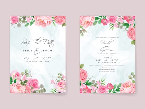 Wedding invitation cards set pink roses vector
